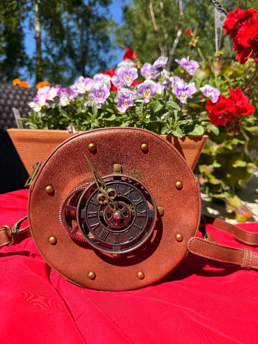Genuine Leather Steampunk Clock Round Crossbody Bag